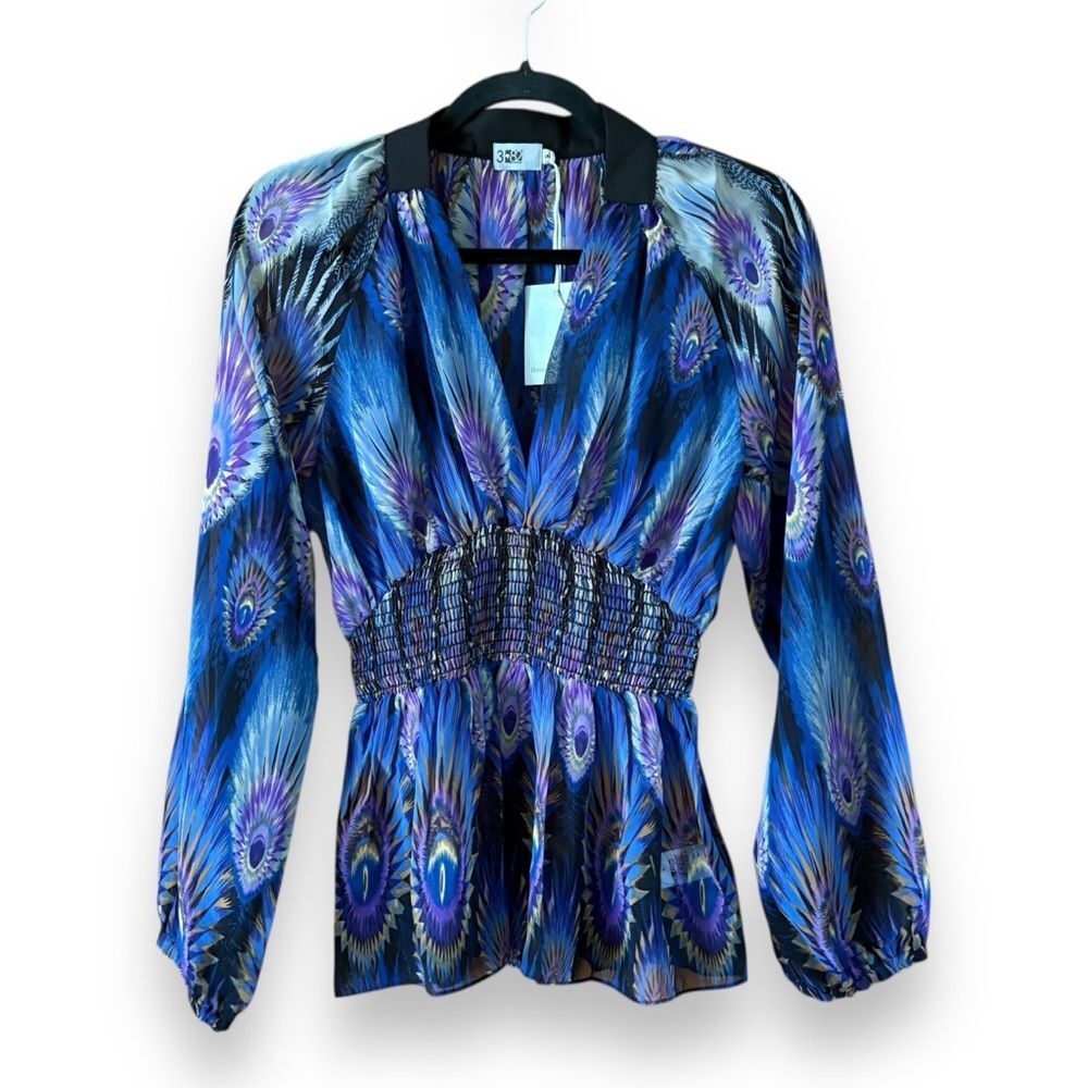 Three Eighty Two V- Neck Smocked Top Blouse Purple Ella Peacock Print NWT Medium